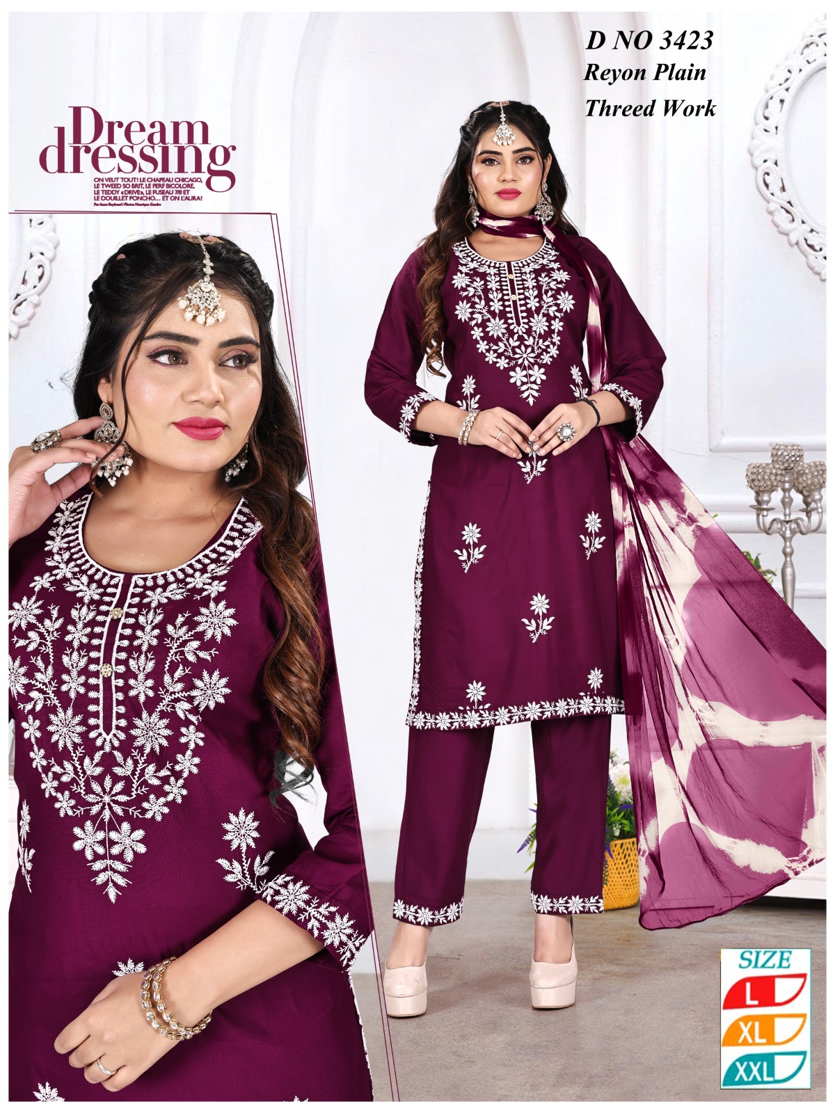 Rayon Plain Threed work With Dupatta