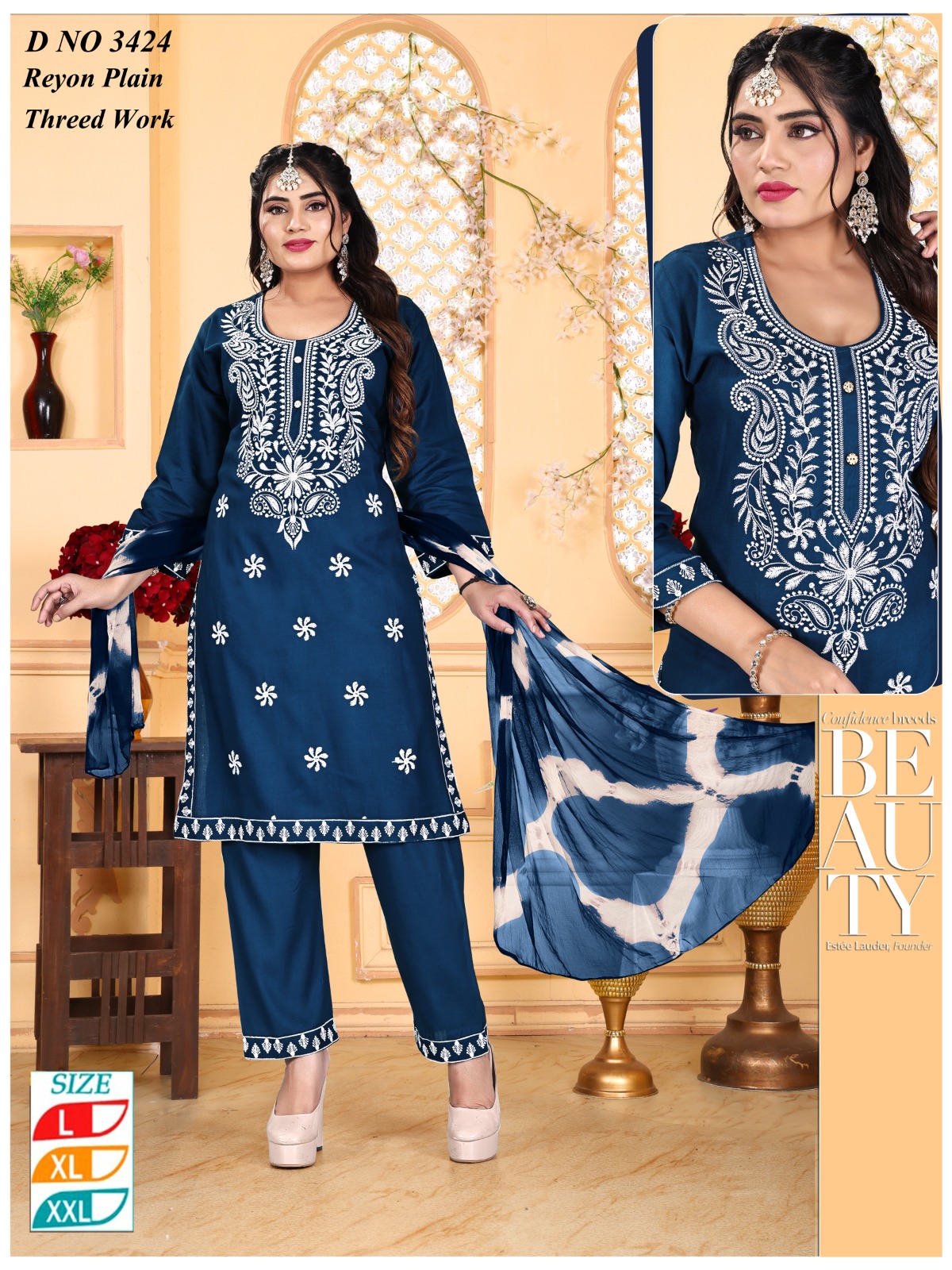 Rayon Plain Threed work With Dupatta
